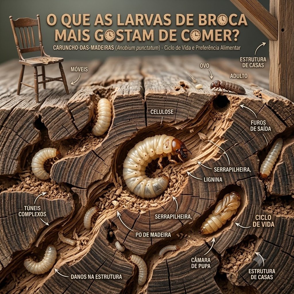 O que as larvas de broca comem em Botucatu - Infográfico amido, celulose e madeira