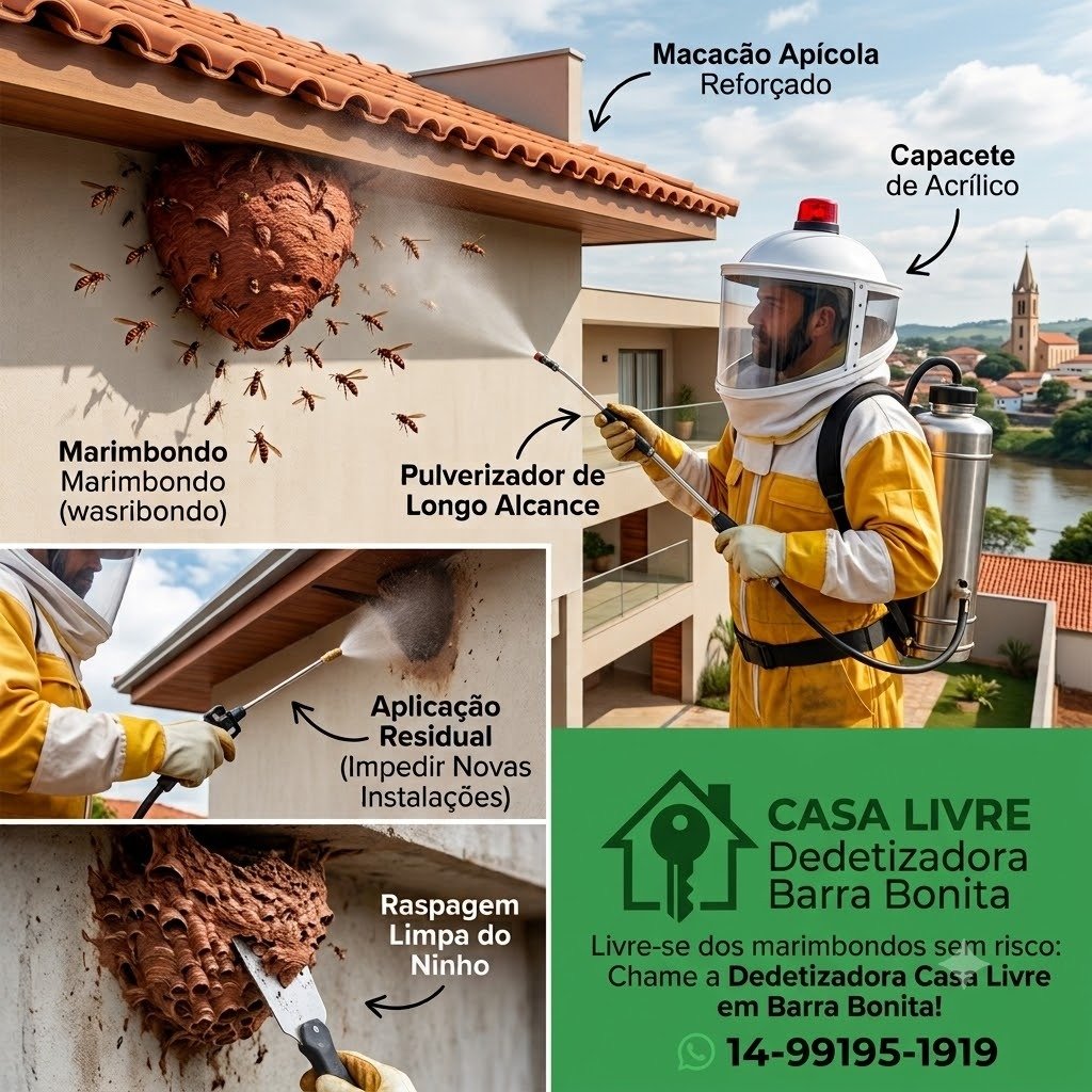 Como funciona o atendimento da Casa Livre em Botucatu - Infográfico de macacão reforçado, pulverizador, aplicação residual e raspagem do ninho