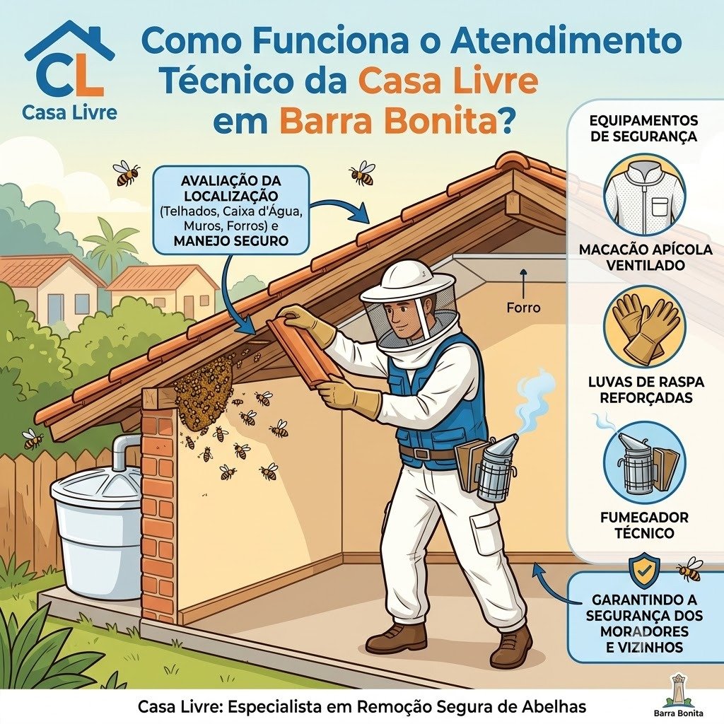 Como funciona o atendimento técnico da Casa Livre em Botucatu - Infográfico de segurança apícola