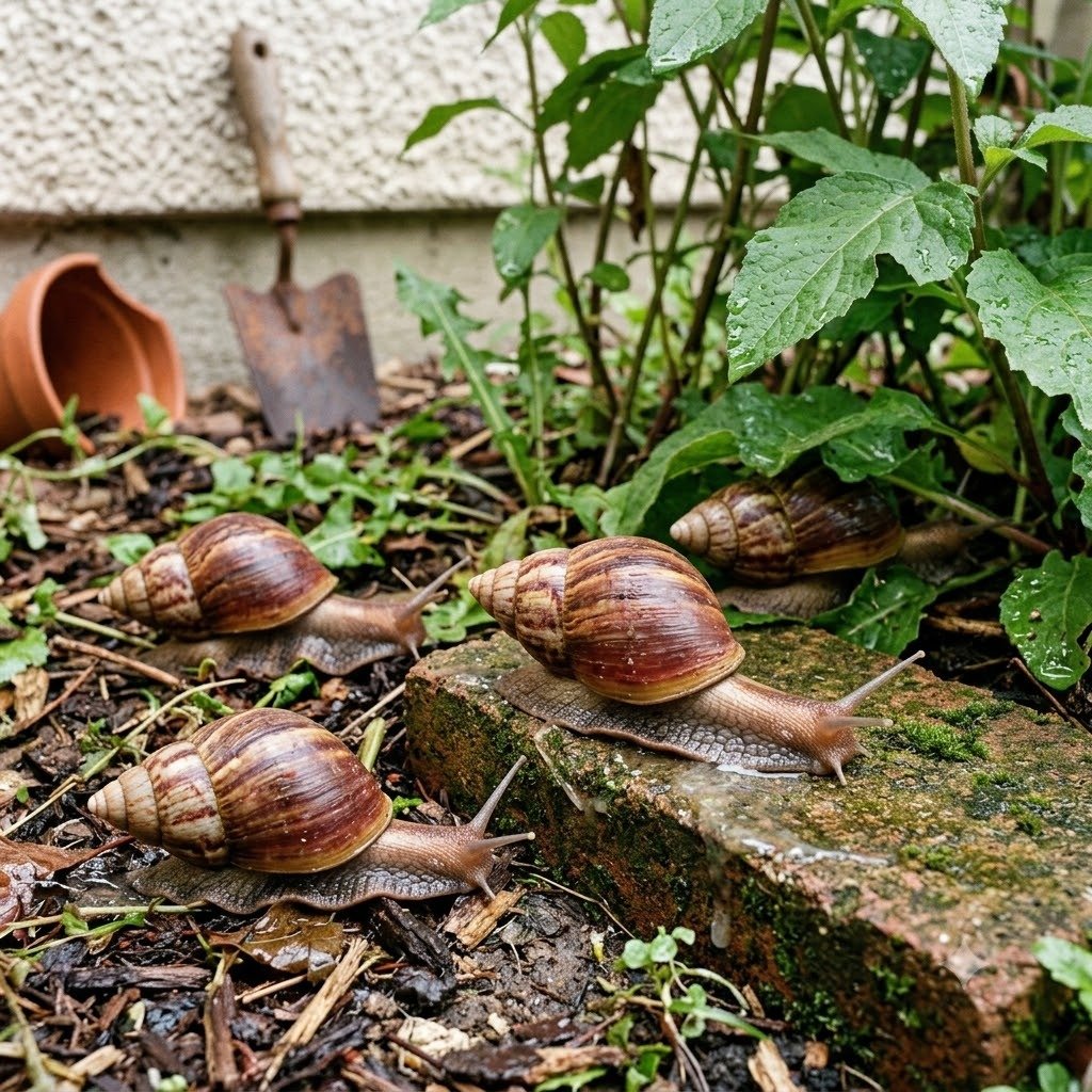 Caramujo africano transmite doenças em Botucatu - Caramujos gigantes Achatina fulica em jardim