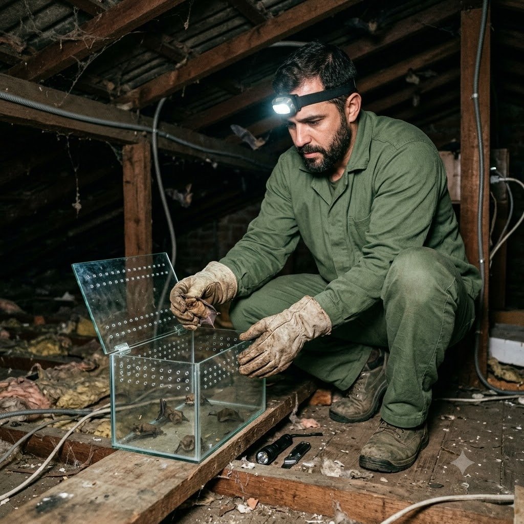 Como é feito o controle de morcegos em Botucatu - Técnico realizando manejo ecológico no forro