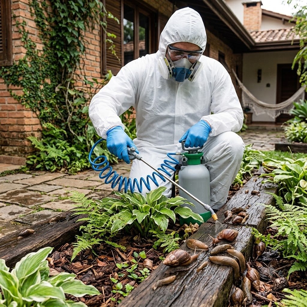 Dedetização de caramujos funciona em Botucatu - Aplicação técnica com moluscicida em jardim