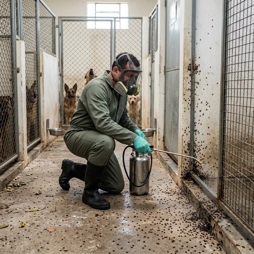 Técnico aplicando pulverização de dedetização de carrapatos no canil em Botucatu
