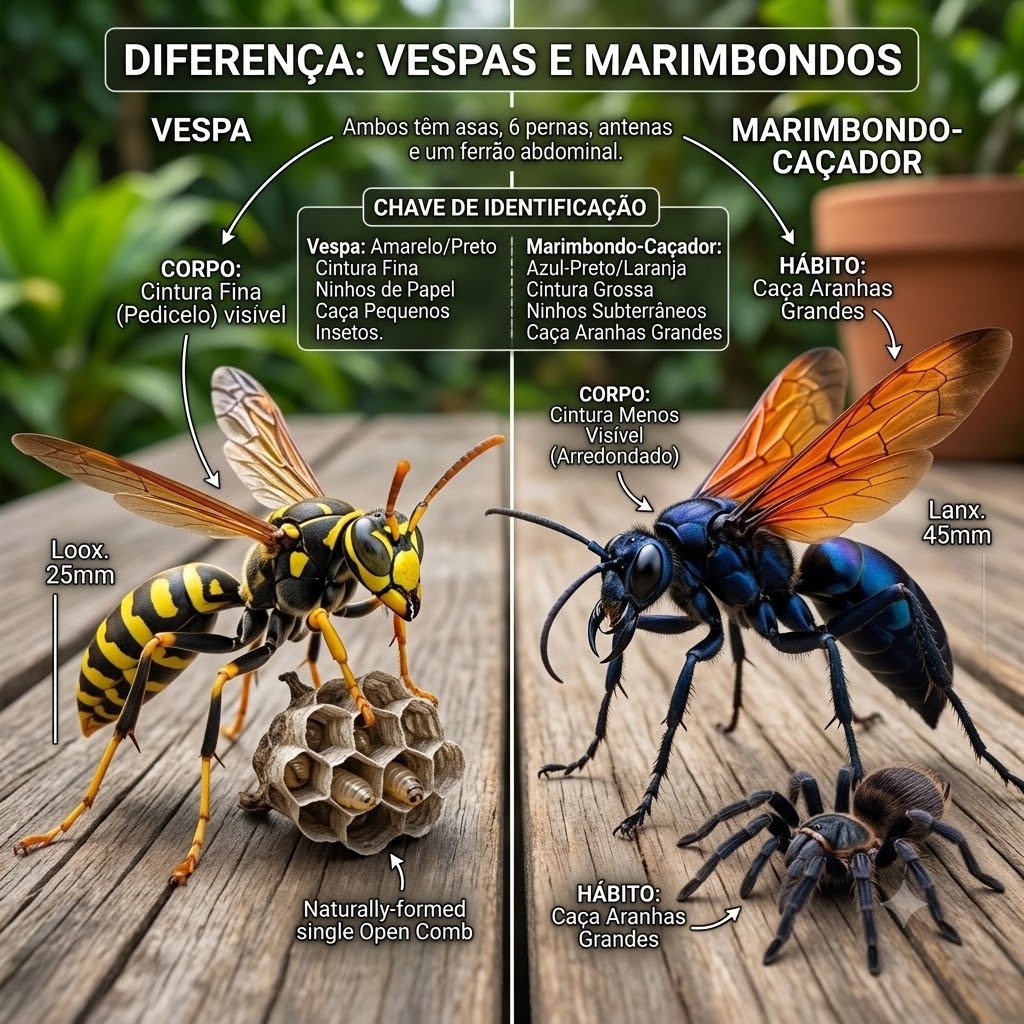 Diferença entre vespa e marimbondo em Botucatu - Infográfico comparativo de anatomia e hábitos