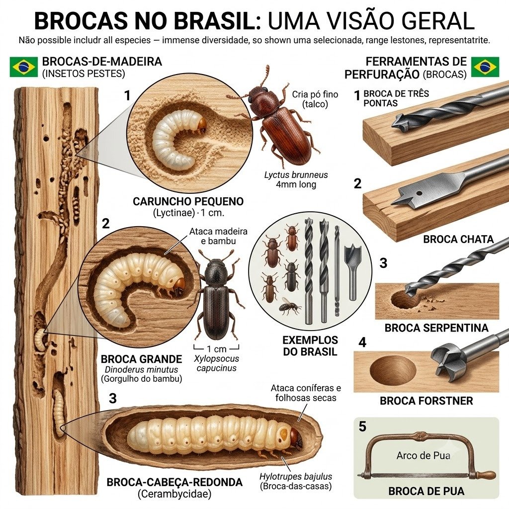 Espécies de broca no Brasil e Botucatu - Infográfico ilustrado das espécies de brocas xilófagas