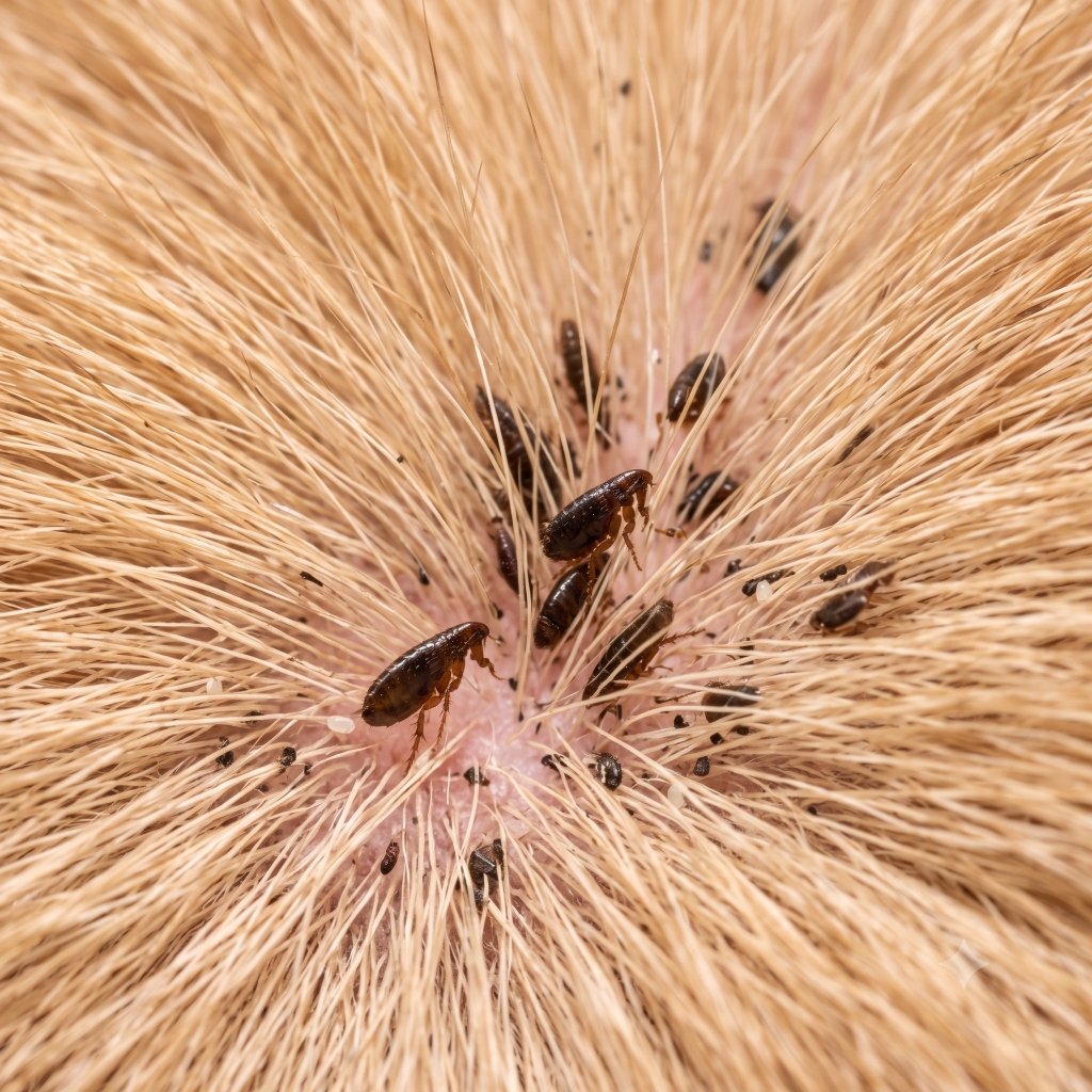 Macrofotografia de pulgas infestando a pele e os pelos do animal de estimação em Botucatu