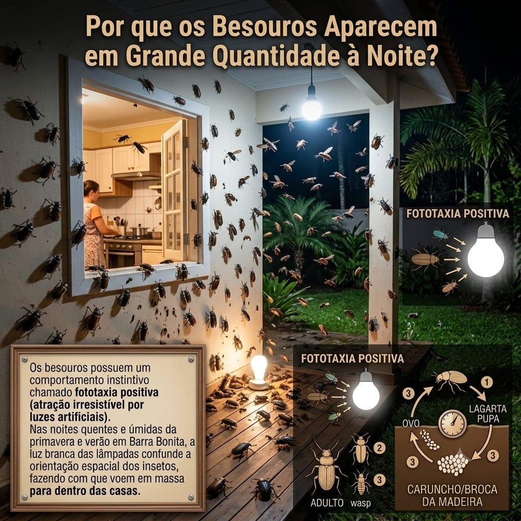 Por que os besouros aparecem em grande quantidade a noite em Botucatu - Infográfico de fototaxia positiva e atração por lâmpadas
