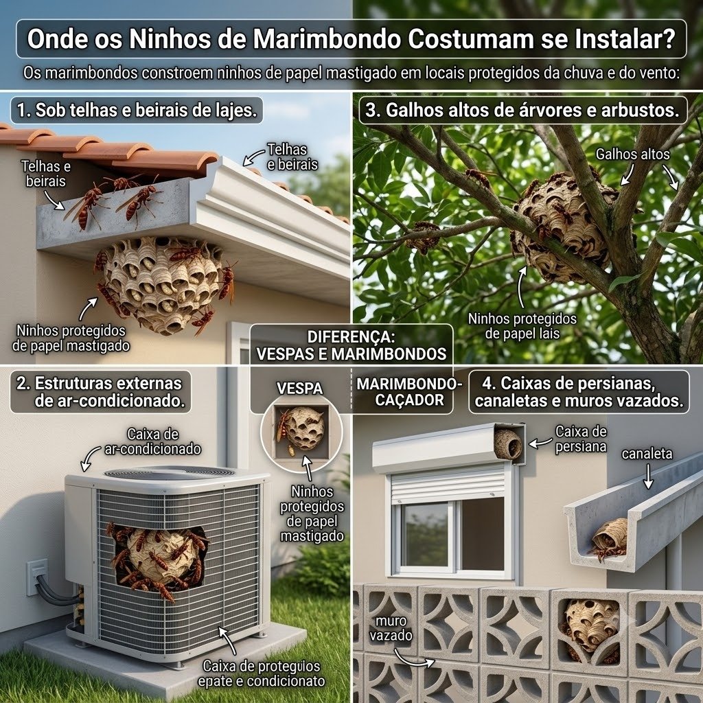 Onde os ninhos de marimbondo costumam se instalar em Botucatu - Infográfico ilustrado telhas, ar-condicionado, árvores, persianas e muros