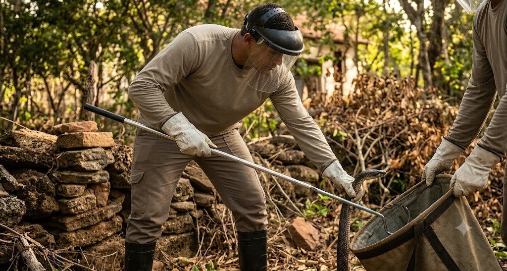 Foto real de manejo e captura técnica de cobras por profissionais em Botucatu