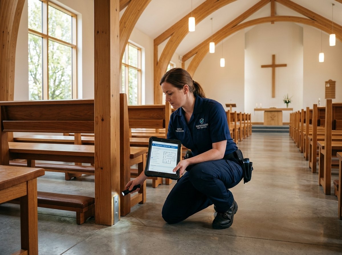 Técnica realizando inspeção minuciosa em nave principal e bancos de igreja em Botucatu - Casa Livre