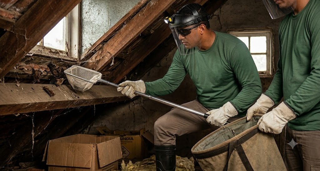 Foto real de equipe realizando manejo e remoção técnica de morcegos no forro em Botucatu