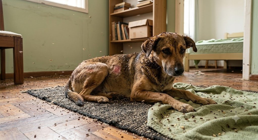 Foto real de infecção por pulgas em pet no ambiente residencial - Dedetização profissional em Botucatu