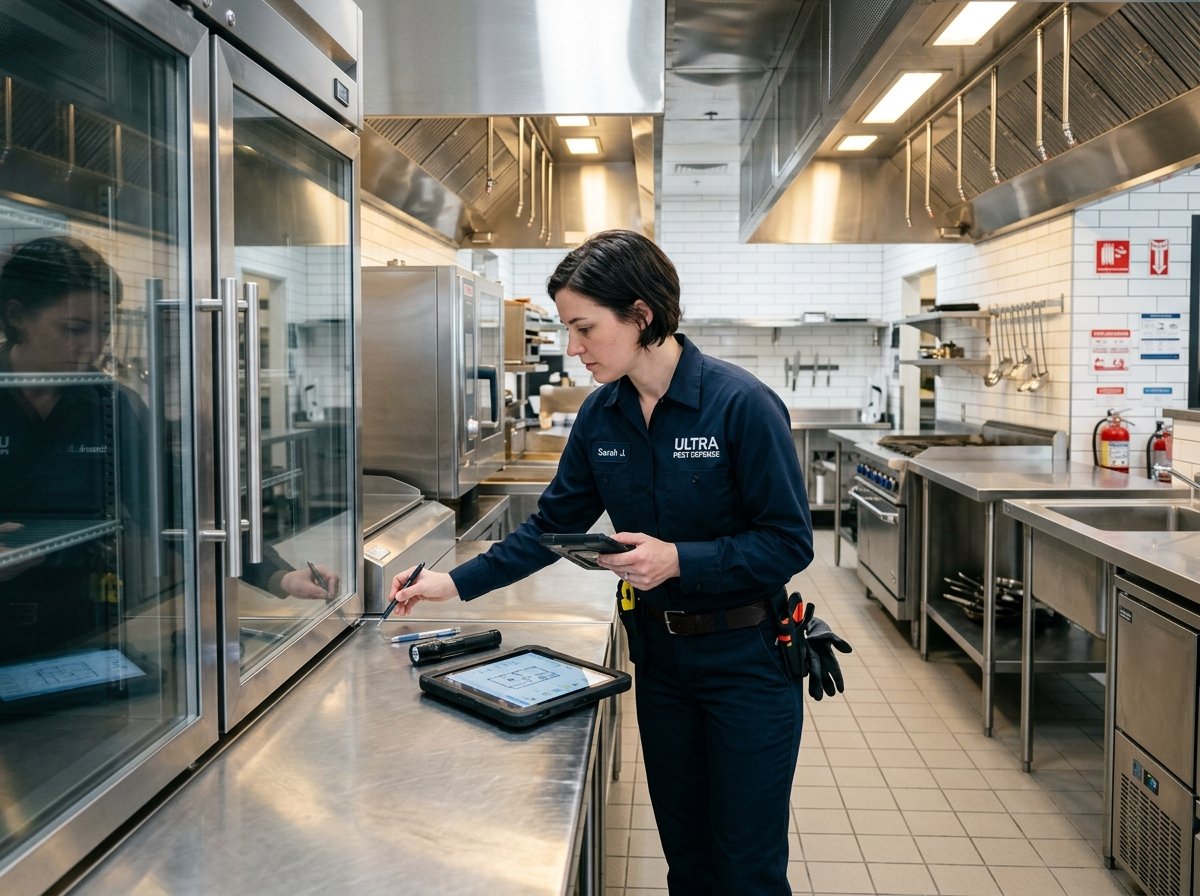 Técnica realizando inspeção em cozinha comercial de restaurante em Botucatu - Casa Livre