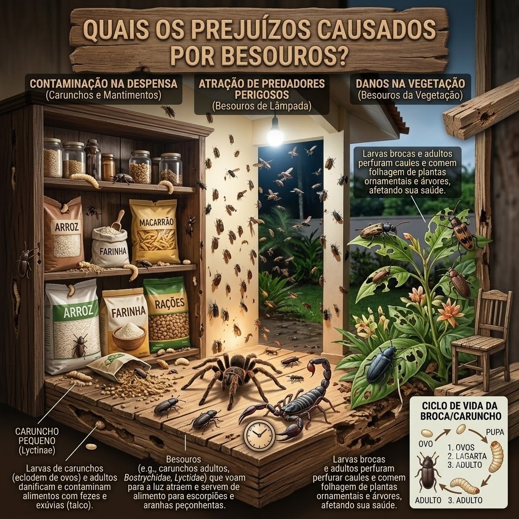 Quais os prejuízos causados por besouros em Botucatu - Infográfico contaminação de despensa, atração de predadores e danos em plantas