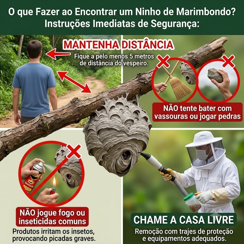 O que fazer ao encontrar um ninho de marimbondo em Botucatu - Infográfico de instruções imediatas de segurança Casa Livre