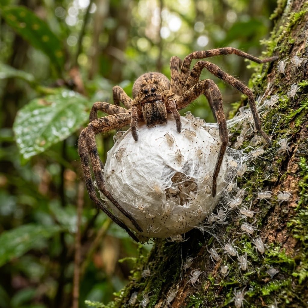 Aranha com ooteca saco de ovos e filhotes de aranhas em Botucatu