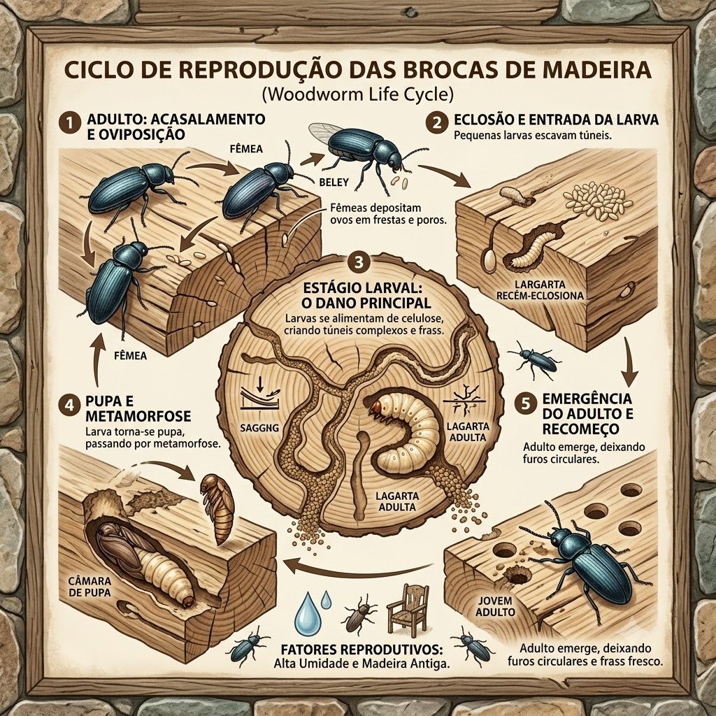Como as brocas de madeira se reproduzem em Botucatu - Infográfico ciclo de vida em 5 estágios