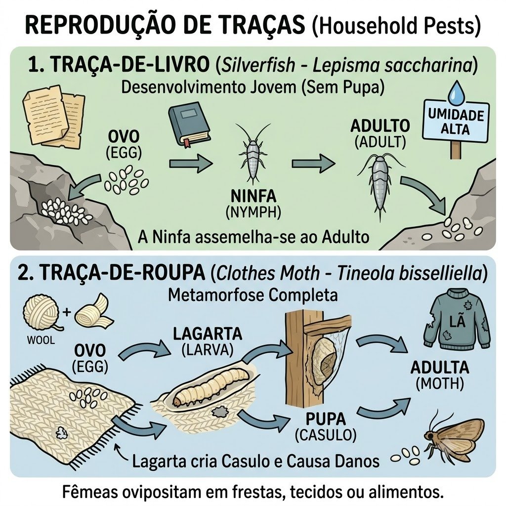 Como as traças se reproduzem em Botucatu - Infográfico ciclo de vida Traça-de-Livro e Traça-de-Roupa