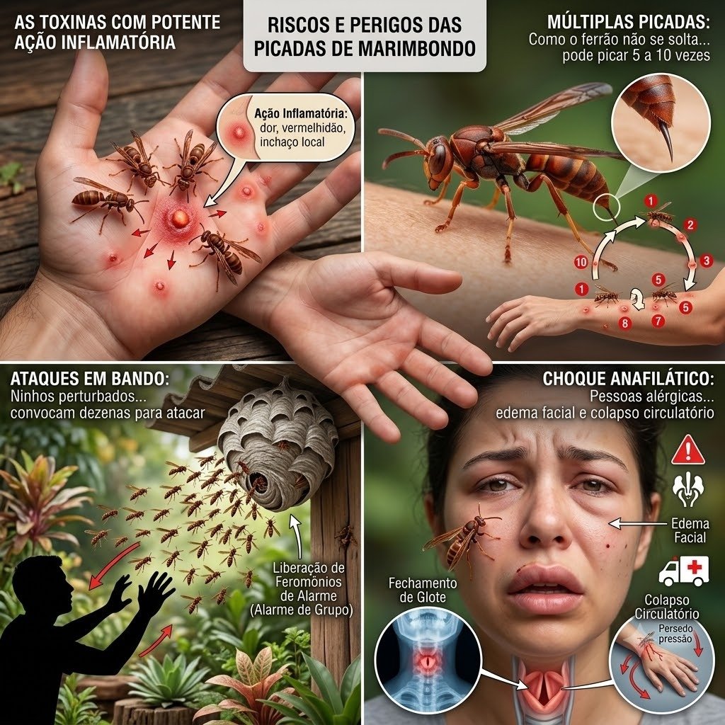 Riscos e perigos das picadas de marimbondo em Botucatu - Infográfico de reações, choque anafilático e feromônios