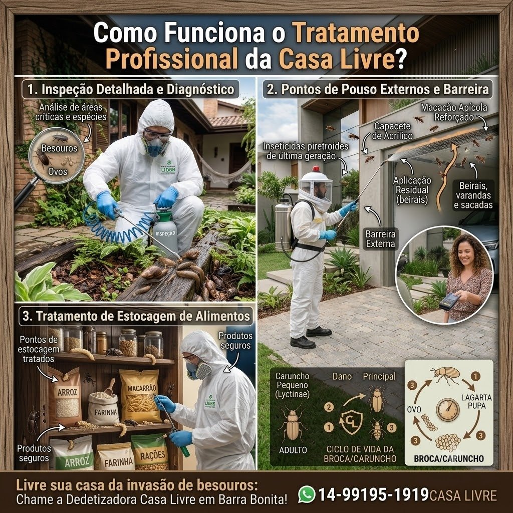 Como funciona o tratamento profissional da Casa Livre em Botucatu - Infográfico de inspeção, barreira em beirais e produtos seguros na despensa