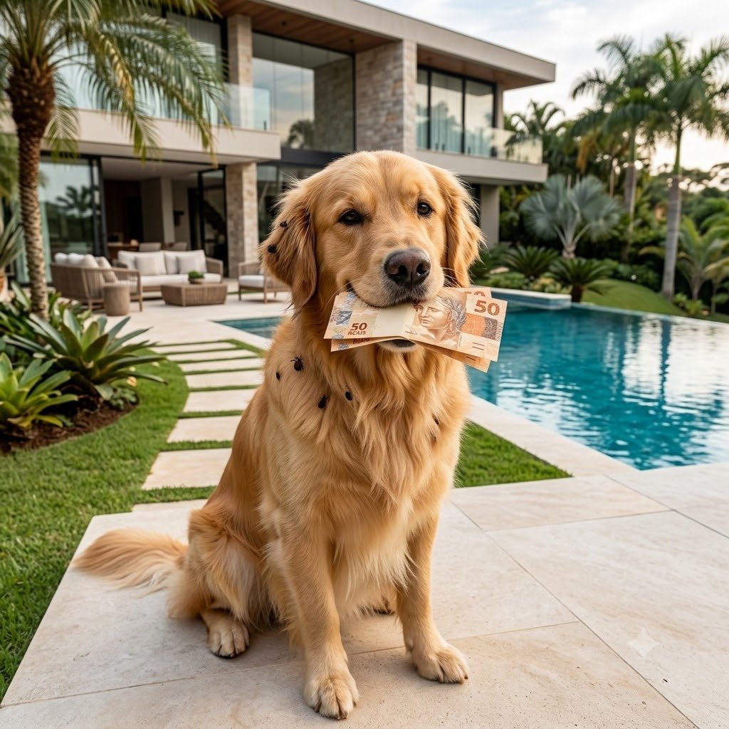 Golden Retriever com notas de dinheiro indicando o valor da dedetização de carrapatos em Botucatu
