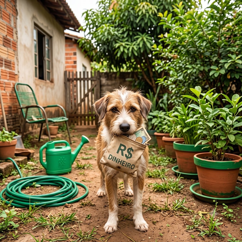Cachorro no quintal com bolsa de dinheiro indicando o valor da dedetização de pulgas em Botucatu